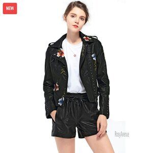 Faux Leather Moto Jacket with Floral Embroidery, Size S-M-L-XL-XXL